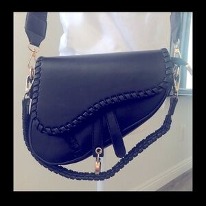 Black Saddle Crossbody Bag with Braided Trim